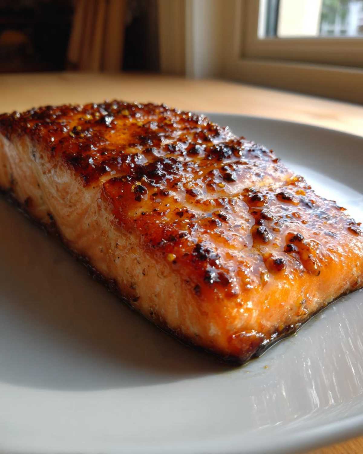 Close-up of a perfectly baked Texas Roadhouse Style Baked Salmon fillet with a rich, caramelized glaze.