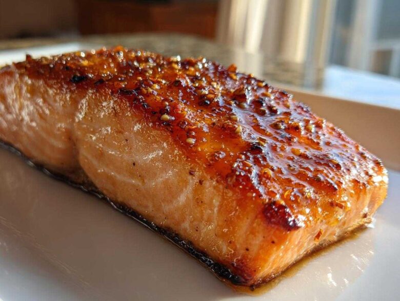 Close-up of a perfectly baked Texas Roadhouse Style Baked Salmon fillet with a shiny, caramelized glaze and visible spices.